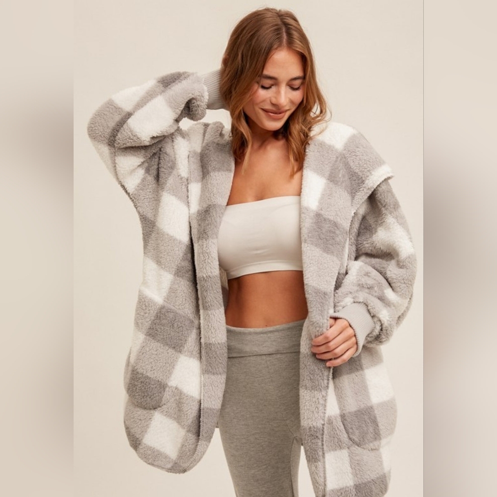 🛑Deal Of The Day🛑Cozy Gray and White Checkered Fleece Sherpa Jacket